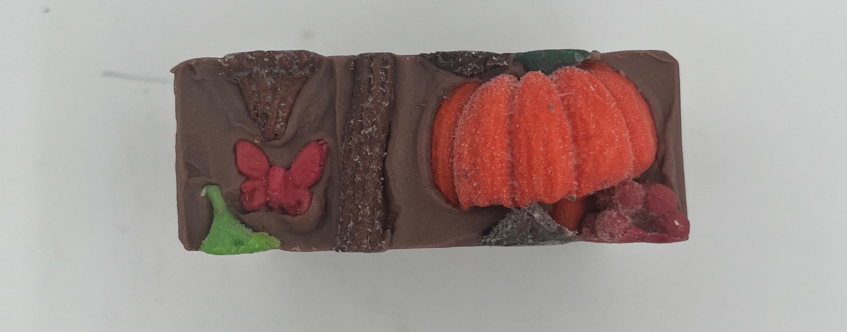 P&B's Harvest 2023 soap with Colloidal Oats. Shown is the top of a Harvest Bar.  Each bar top is different. This one has a pumpkin, a butterfly, part of a pea pod, and flower in the bottom right. 