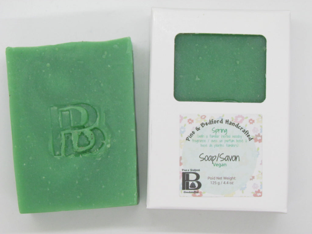 Pine and Bedford's Spring soap. A green, tall and thin soap bar with a familiar woody herbal fragrance. Shown here naked and boxed.