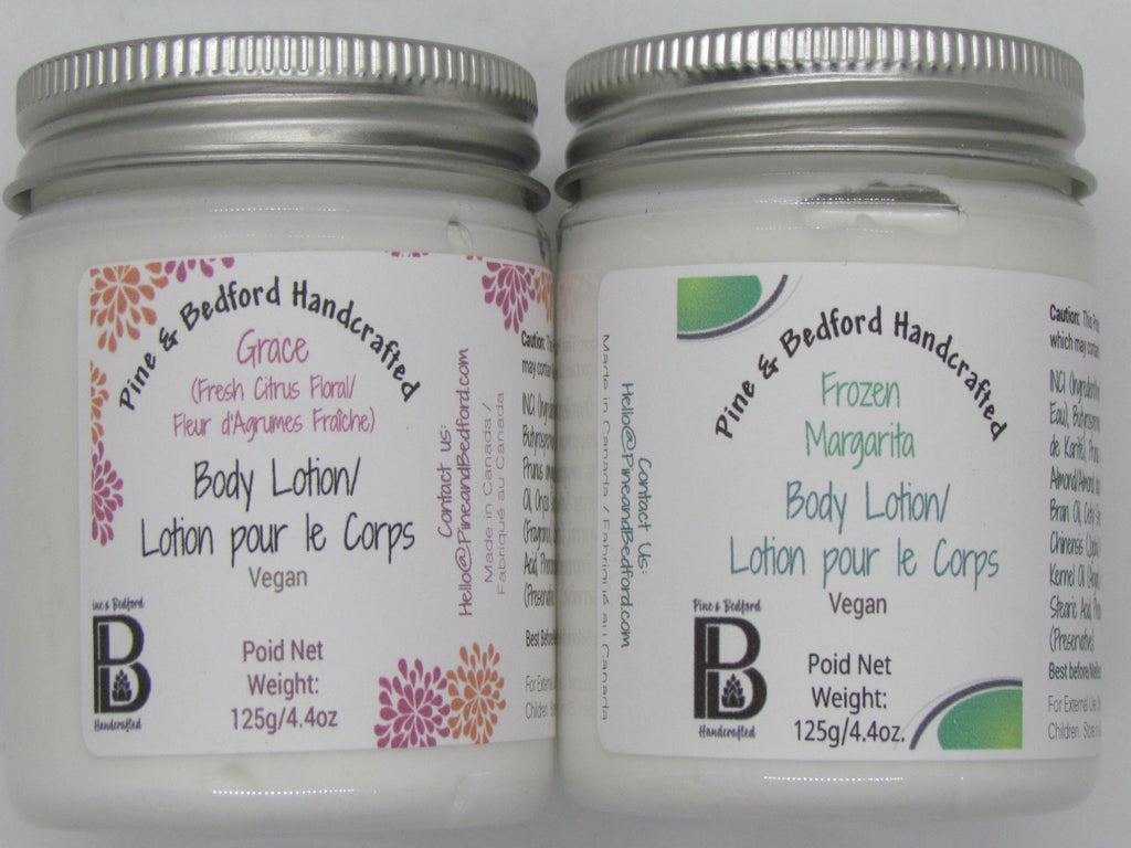 Pine and Bedford 4 oz jar of Body Lotion in two fragrance options - Grace (Fresh Citrus Floral) and Frozen Margarita (Lime)