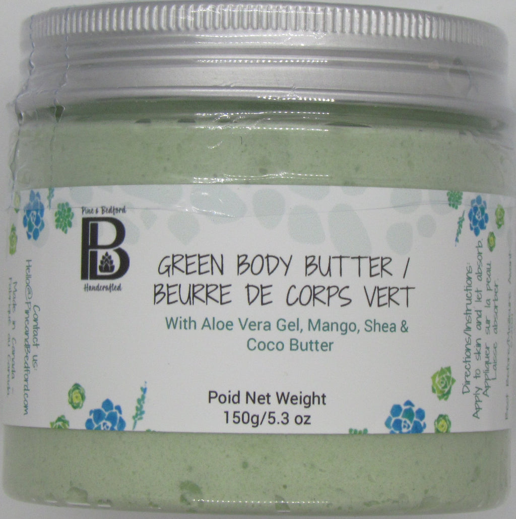 Pine & Bedford's Green Body Butter made from Aloe Vera Gel, Mango, Shea & Cocoa Butter with a relaxing cucumber and green floral fragrance.  150 g / 4 oz.