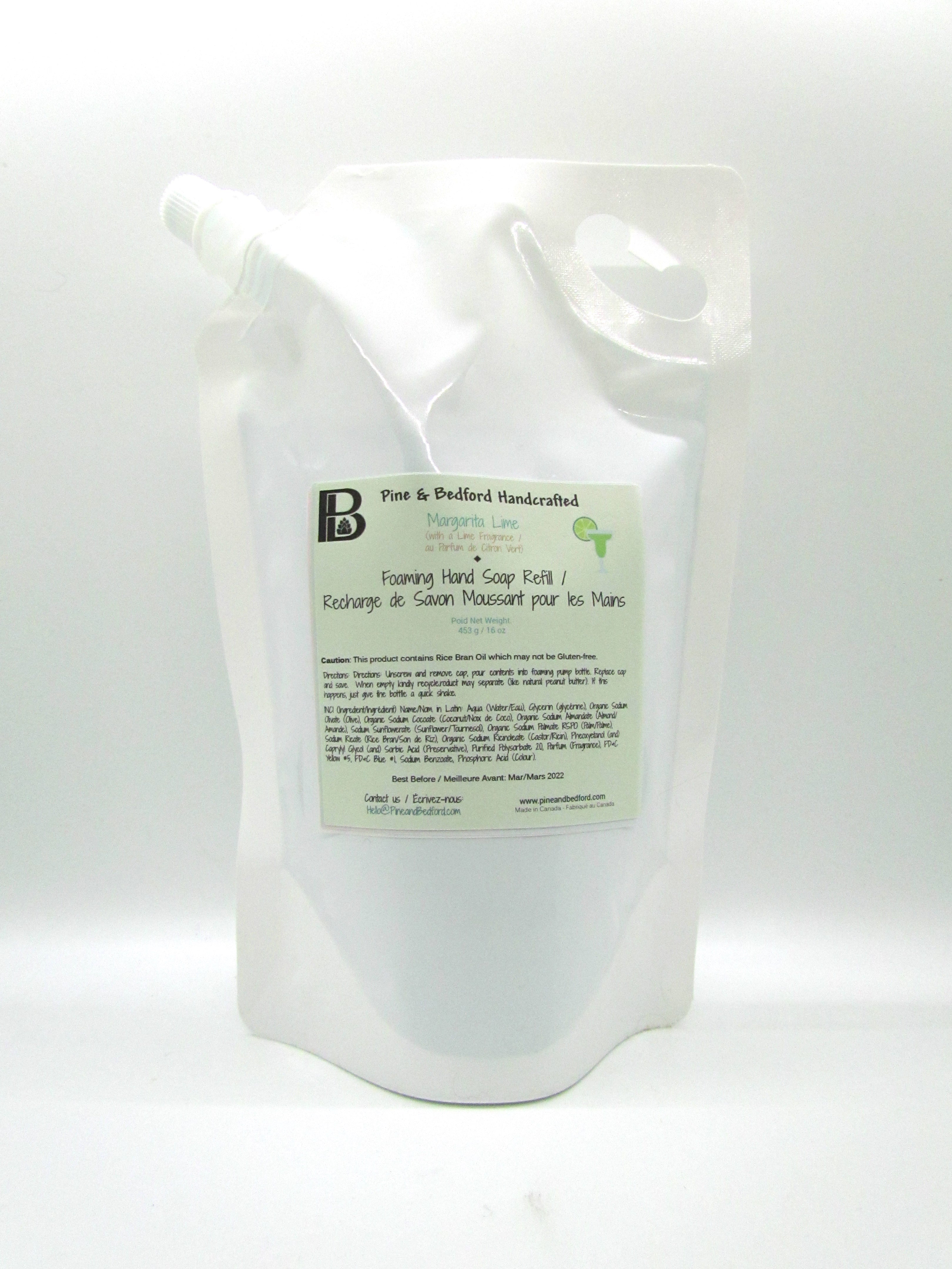 Pine & Bedford's Foaming Hand Soap Refill Pack is made from real soap not detergent, and is available in a variety of Fragrances and Essential Oils. Margarita Refill Pack is shown here.  