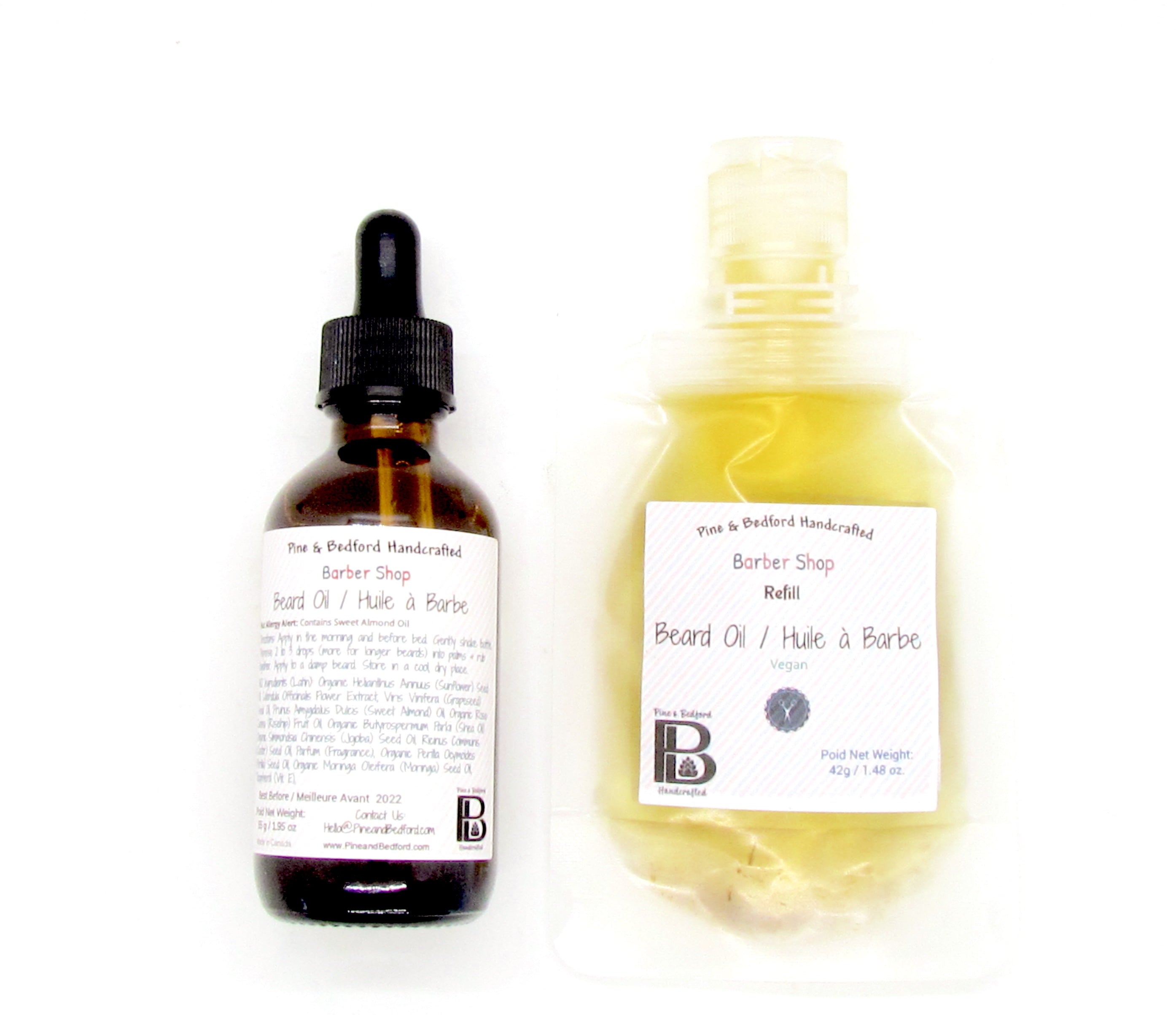 Pine and Bedford's Beard Oil is made from Organic Calendula infused Sunflower Oil, Grapeseed Oil, Sweet Almond Oil, Rosehip Oil, Shea Oil, Jojoba Oil,  Castor OIl, Perila Oil, Moringa Oil, and  Vitamin E. It has a light, calming Barber Shop fragrance.  Shown here in a 2 oz dropper bottle with a net product weight of 55 g / 1.95 oz dropper bottle, and in a 42 g / 1.48 oz net weight Refill pack with nozzle. 