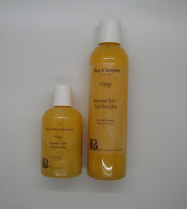 P&B's Mango Shower Gel is Sulfate-free, Paraben-free and Phthalate-free. It has a Fresh Mango fragrance with great bubbles and lather. Shown here in a 4.8 oz and an 8.75 oz bottle.